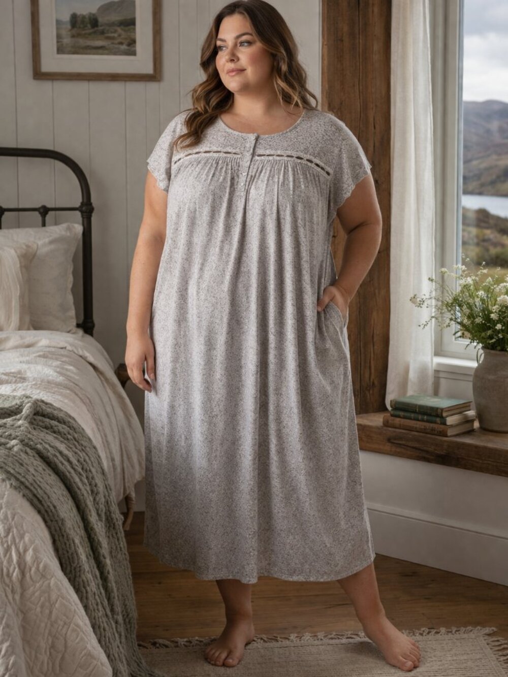 Eileen West 100% Pima Cotton Plus Size Floral Pleated Cap Sleeve Nightgown Sz 2X